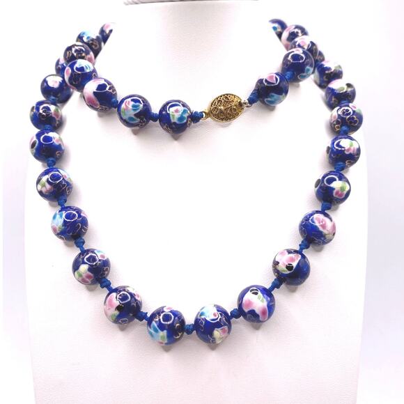 Chinese Cloisonné Cobalt Blue Flower Beaded Necklace 1940s - Picture 1 of 8